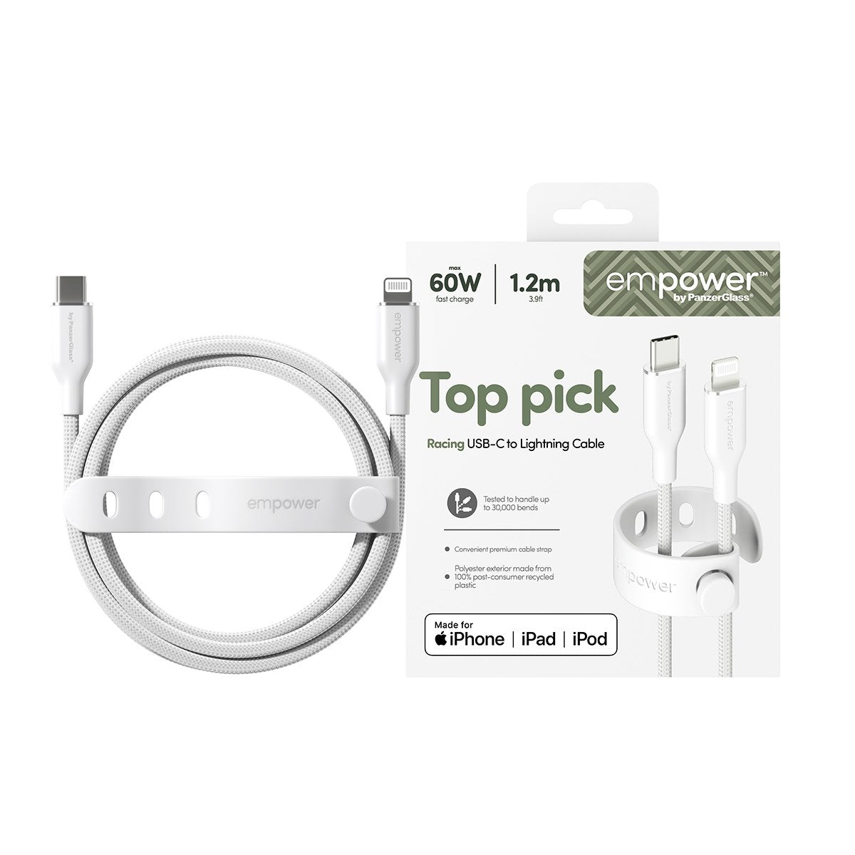 empower by PanzerGlass® Racing 60W USB-C to Lightning Kabel | USB 2.0 | 1.2M | Silver White
